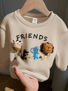 SHEIN 男婴可爱动物图案保暖圆领卫衣，舒适百搭休闲基础款套头衫，适合室内、室外、日常穿着、运动、玩耍、聚会、拍照、秋冬季度假等场合。