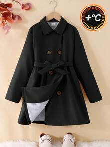 SHEIN Serisse Kids 青少年女孩纯色简约长款翻领外套，适合秋冬季日常穿着、休闲场合和返校季，保暖效果佳 - 黑色 - 查看 2
