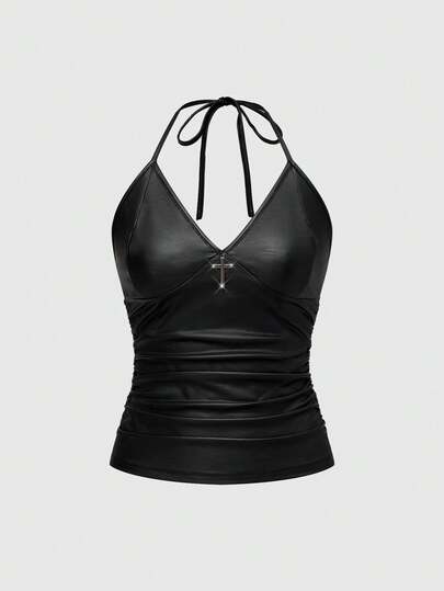 Goth Women's Sexy PU Halter Gothic Cross Pendant Side Ruched PU Tank Top