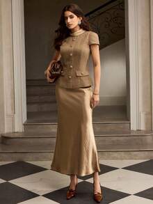 ZEYLAH 2pcs Elegant Satin Patchwork Set - Khaki - View 5