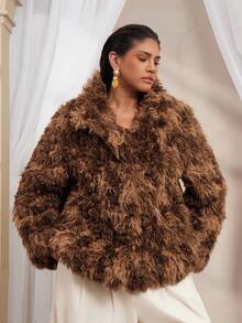 VOLUPTÉ CURVE Abrigo largo de talla grande para mujer, de estilo vintage artístico y elegante, con cuello alto de contraste de piel sintética, manga raglan de manga larga, suelto y esponjoso, versátil y a la moda, para otoño/invierno