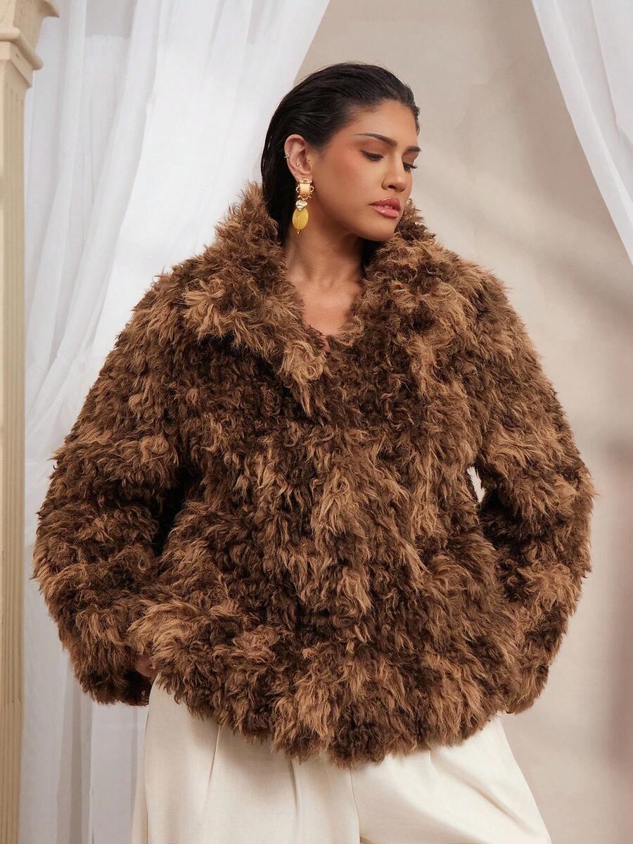 VOLUPTÉ CURVE Abrigo largo de talla grande para mujer, de estilo vintage artístico y elegante, con cuello alto de contraste de piel sintética, manga raglan de manga larga, suelto y esponjoso, versátil y a la moda, para otoño/invierno