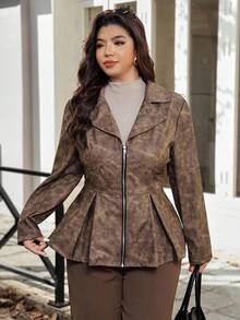 Vionelle Plus Size Women's French Style Casual V-Neck Long Sleeve Faux Leather Jacket, Autumn/Winter - Brown - View 4