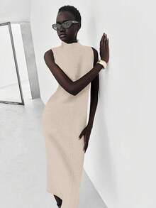 Lumivelle 女士棕色无袖时尚毛衣裙 - 杏色 - 查看 7