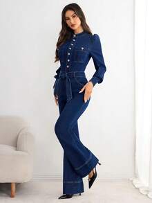 Elenzga 女式金属纽扣半襟泡泡袖系腰优雅喇叭牛仔连体裤 - 深色水洗藍 - 查看 6