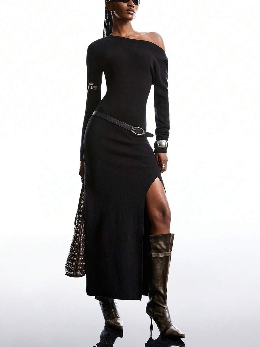 LYSMO 女式秋冬简约纯色不对称肩部开衩毛衣裙 - 黑色 - 查看 1