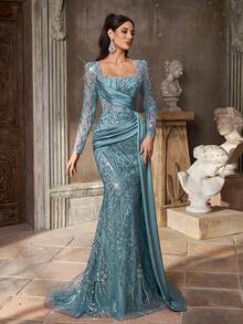 Váy dạ hội đuôi cá bằng vải satin mỏng, cổ vuông, tay dài, đính ngọc trai và sequin sang trọng, thanh lịch, phù hợp cho mọi dịp trang trọng, váy dạ hội - Màu xanh bụi bặm - Xem 8