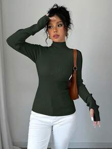 Selianne Top de punto minimalista con cuello alto, mangas raglán y costillas para mujer - Verde militar - Ver 4
