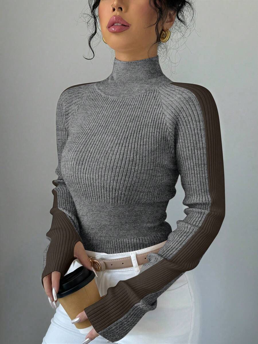 Islaluna 女士休闲日常通勤撞色高领插肩袖修身毛衣,秋冬 - 灰色 - 查看 1