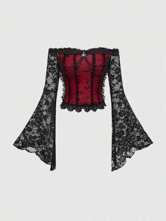 Blouse en velours à manches évasées avec patchwork de dentelle rouge araignée gothique pour femmes