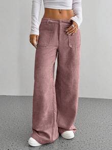 SHEIN Unity 1pc Women's Corduroy Straight Leg Pants, Front & Back Pockets Design, Casual Everyday Campus Wear Wide Leg Trousers, Lotus Root Color - Dusty Pink - View 6