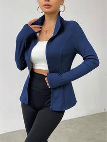 SHEIN LUNE Women's Solid Color Minimalist Everyday Zip-Up Jacket - Navy Blue - View 5