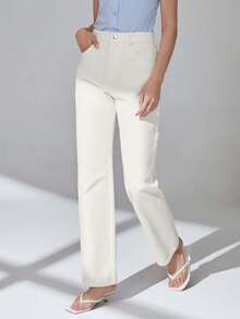 EURMUSE 100%Cotton Slant Pocket Straight Leg Jeans - White - View 6