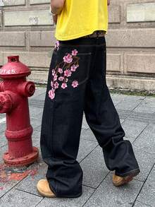 Manfinity EMRG Men's Street Fashion Casual Plaid Embroidered Floral Design Straight Leg Wide Leg Jeans Baggy Jeans With Design Valentine's Day