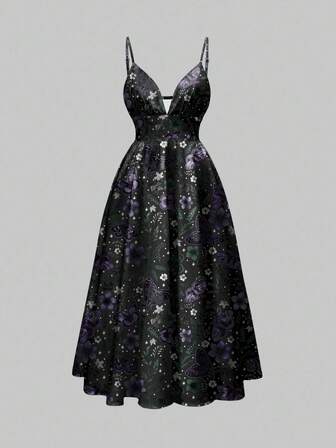 Fairycore Gothic Mysterious Dark Purple & Blue Bohemian Butterfly, Moth, Leaf Print Romantic Vacation Sleeveless Sexy Low-Cut Dress For Women