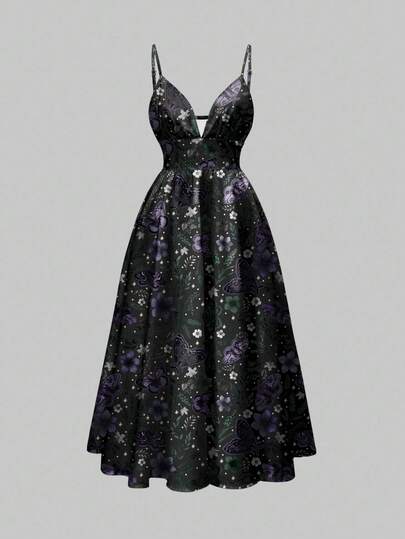 Fairycore Gotischer mysteriöser dunkelvioletter & blauer bohemischer Schmetterling, Motte, Blatt Muster romantisches Urlaubskleid ohne Ärmel, sexy mit tiefem Ausschnitt für Frauen