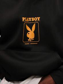 PLAYBOY X SUMWON Magazine Collaboration Oversized Hoodie Cropped Fit Retro Style Pullover With Centre Pocket Large Bunny Logo Vintage Inspired - Black - View 4