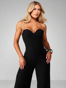 MISSGUIDED 钻石吊带阔腿连体裤晚装露肩阔腿裤全长 - 黑色 - 查看 3