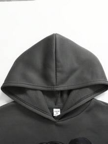 少女卡通图案宽松保暖连帽衫和心形印花喇叭裤两件套服装套装，深灰色 - 灰色 - 查看 4