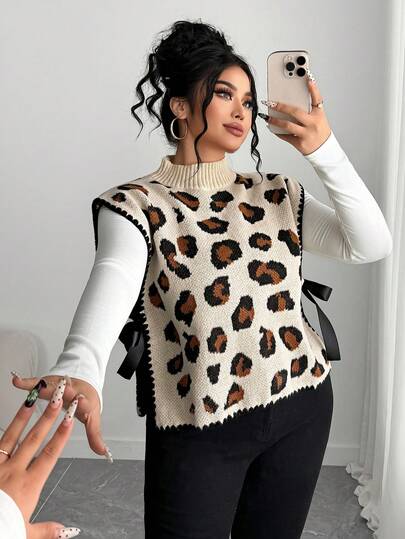 Elenzga Chaleco de punto holgado sin mangas con lazo y estampado de leopardo para mujer, talla grande para otoño/invierno