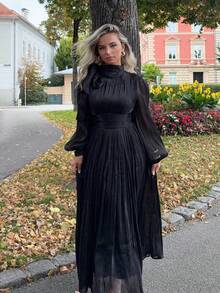 Jeta Ari Robe longue pour femmes avec plis à la taille, brillante et élégante, polyvalente pour le printemps et l'automne - Noir - Voir 4