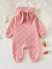 Cozy Pixies Áo liền quần dài tay có mũ trùm đầu bằng vải dệt họa tiết hình thỏ, cà rốt và trái tim dành cho bé gái sơ sinh/trẻ nhỏ - Hồng - Xem 2