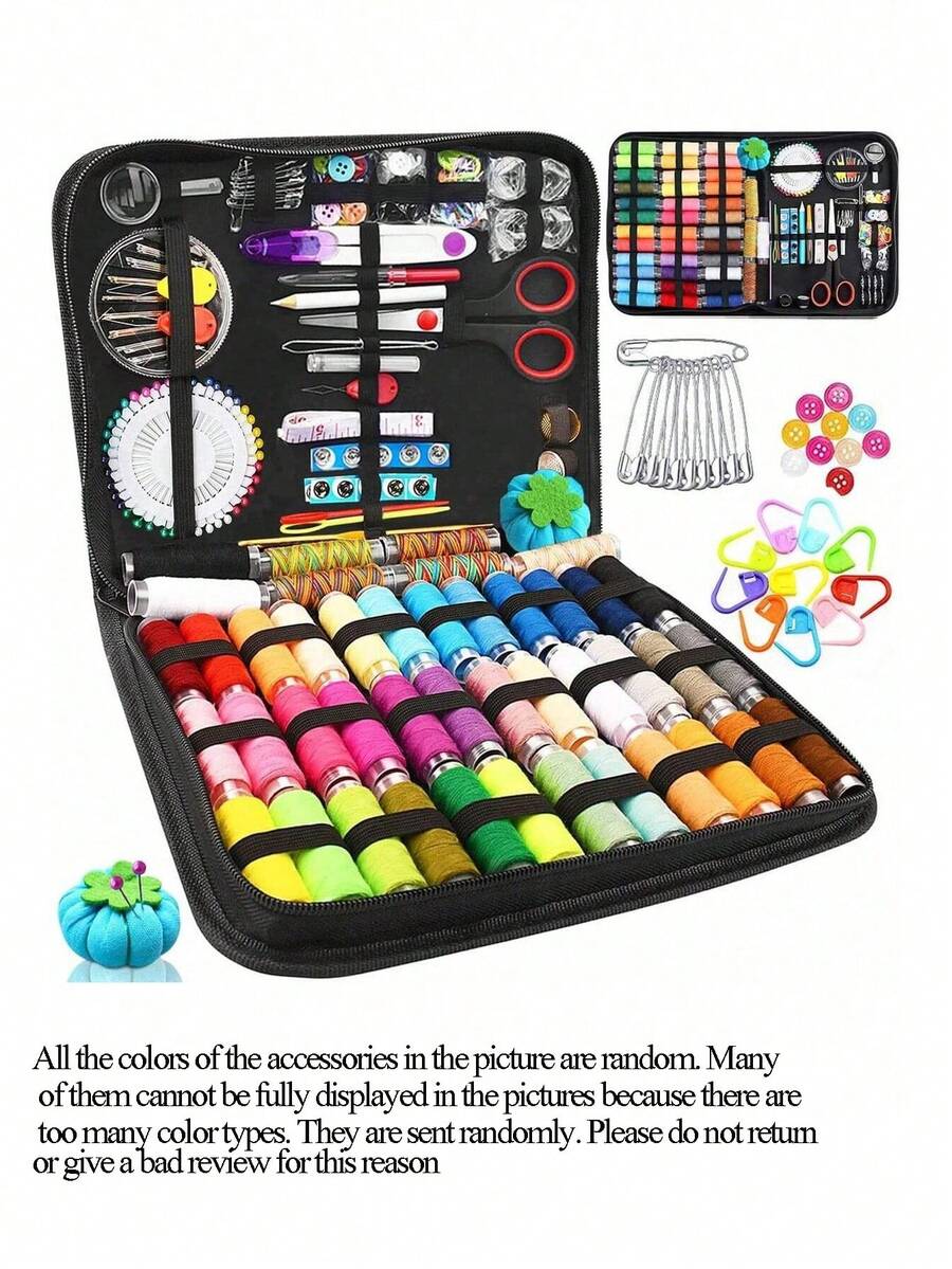 1pc Portable Sewing Kit, Home Sewing Tool Set With Thread Box, Needles, Sewing Accessories (Random Color) - Black - View 1