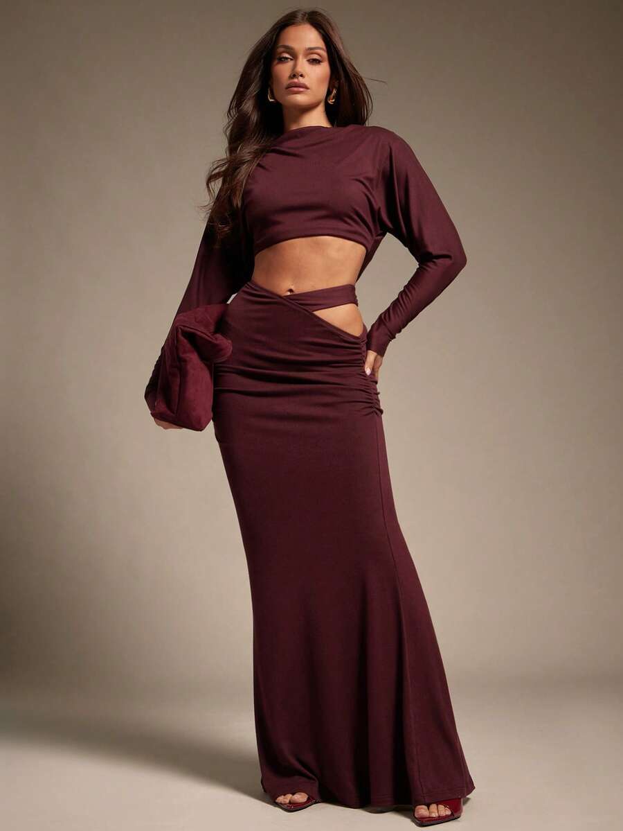 Hauture Falda larga de sirena marrón ciruela con corte lateral y fruncido para salir