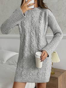 CasuGlow Women Solid Color Cable Knit Pattern Rib Knit Round Neck Drop Shoulder Mini Sweater Dress Cable Knit Sweater Dress With Long Sleeves And Ribbed Hem For Cozy Winter Casual Looks - Light Grey - View 2