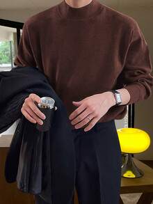 Claim Dot Men's Solid Color Minimalist Everyday Wear Half-Turtleneck Long Sleeve Knit Sweater Earthy Clothes Men Brown Sweater - Coffee Brown - View 3