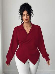 Elenzga 大码女式纯色不对称下摆裹身优雅长袖衬衫 - 紅色 - 查看 3