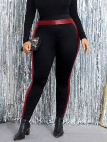 Cravure Plus Size Autumn Fashion Elastic Waist Contrast Color Leggings - Multicolor - View 6