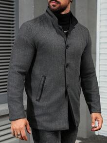 Manfinity Homme 男士休闲立领灰色羊毛大衣，秋冬 - 灰色 - 查看 5