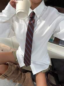 SHEIN EZwear 女式白色束腰长袖衬衫（配领带） - 白色 - 查看 1