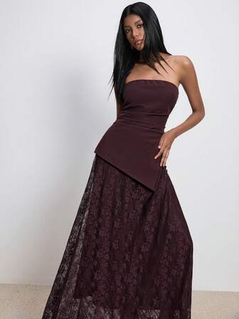 ATUI Studio Women's Party Gathering Elegant Fashion Sexy Tube Top Brown Neckline Sleeveless Lace Stitching Dress, Christmas Party Dress, New Year Outfit,Elegant Dresses For Party,Wedding Guest Dress,Brown Dress, Christmas Outfit For Women,New Year Look,Party Outfit ,Thanksgiving Outfits, Effortless Chic Essential, Casual Versatile Business Wear, Old Money Aesthetic, Minimalism Essential, Avant-Garde Suit