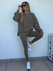 Sparklyn 1 Set Teen GirlWomen's Fashion Casual Loose Dropped Shoulder Hoodie And Skinny Leggings Outfit, Dark Grey, Autumn/Winter - Dark Grey - View 5