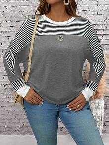 EMERY ROSE Plus Size Casual Loose Fit Round Neck Striped Batwing Long Sleeve T-Shirt - Grey - View 4