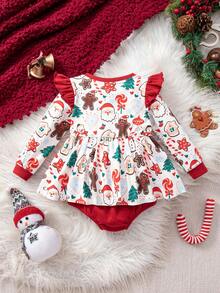 SHEIN Baby Mädchen Weihnachts-Cartoon-Muster gestrickter Schleife Langarm Herbst Winter Bodysuit - Verschiedenfarbig - Übersicht 2