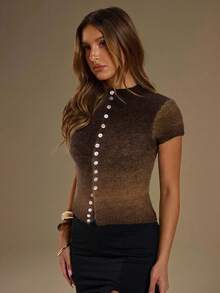SHEIN BAE Damen Stehkragen Einreiher Lässig Regular Strickoberteil Herbst Winter Kleidung für Frauen - Kaffeebraun - Übersicht 5
