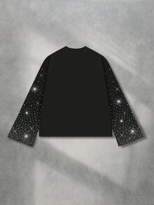 ROMWE MEN Street Life Men's Sparkling Diamond Print Loose Cropped Long Sleeve T-Shirt - Black - View 2