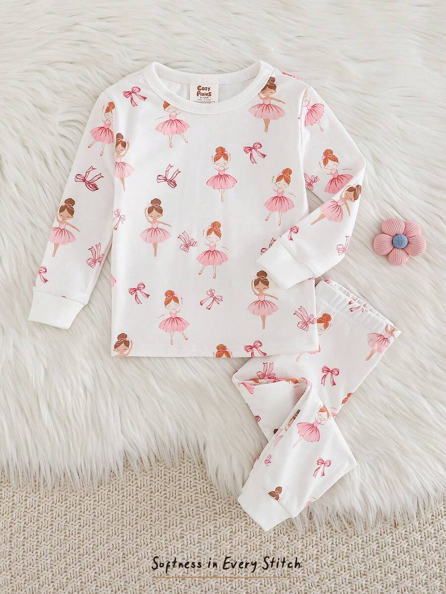 Cozy Pixies 女婴卡通芭蕾印花针织柔软圆领长袖上衣和松紧腰长裤两件套睡衣,保暖内衬,适合冬季穿着。舒适精灵睡衣,舒适精灵女婴套装,女童睡衣套装,女婴长袖套装,幼儿睡衣,女童贴身款 - 淺粉色 - 查看 1