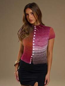 SHEIN BAE Áo len dệt kim tay ngắn thiết kế nút ombre dành cho nữ, mùa thu/đông - Đỏ - Xem 3