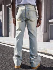 ROMWE MEN Street Life Men's Rhinestone Embellished Light Wash Casual Jeans - Blue - View 2