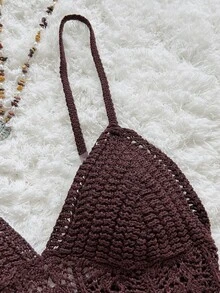 Soleia 全新休闲度假西部海滩婚礼宾客服装返校毕业早午餐、圣帕特里克节春假复活节音乐节优雅波西米亚风热带露背钩针露背短款上衣和迷你裙两件套女装 - 卡其色 - 查看 5