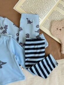 SHEIN Newborn Baby Boy/Girl Cute Cartoon Pattern Knit Long Sleeve Top And Pants Pajama Set - Blue - View 5