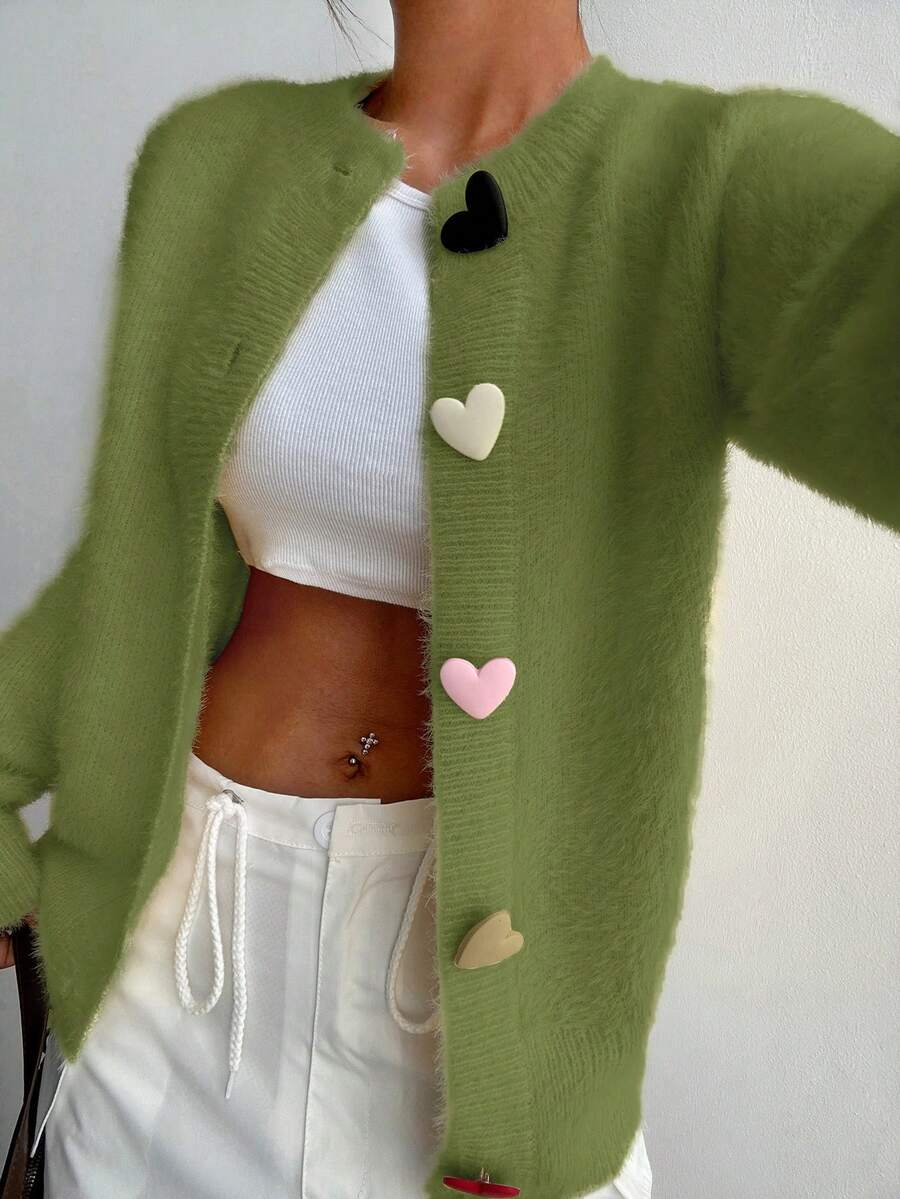SHEIN Unity Áo len cardigan dệt kim cài nút hình trái tim nhiều màu sắc thường ngày cho nữ, tay dài, mùa thu/đông - màu xanh lá - Xem 1