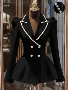 Franclia 优雅腰部串珠轻盈奢华粉色夹克，女式秋季薄款西装外套 - 黑色 - 查看 1