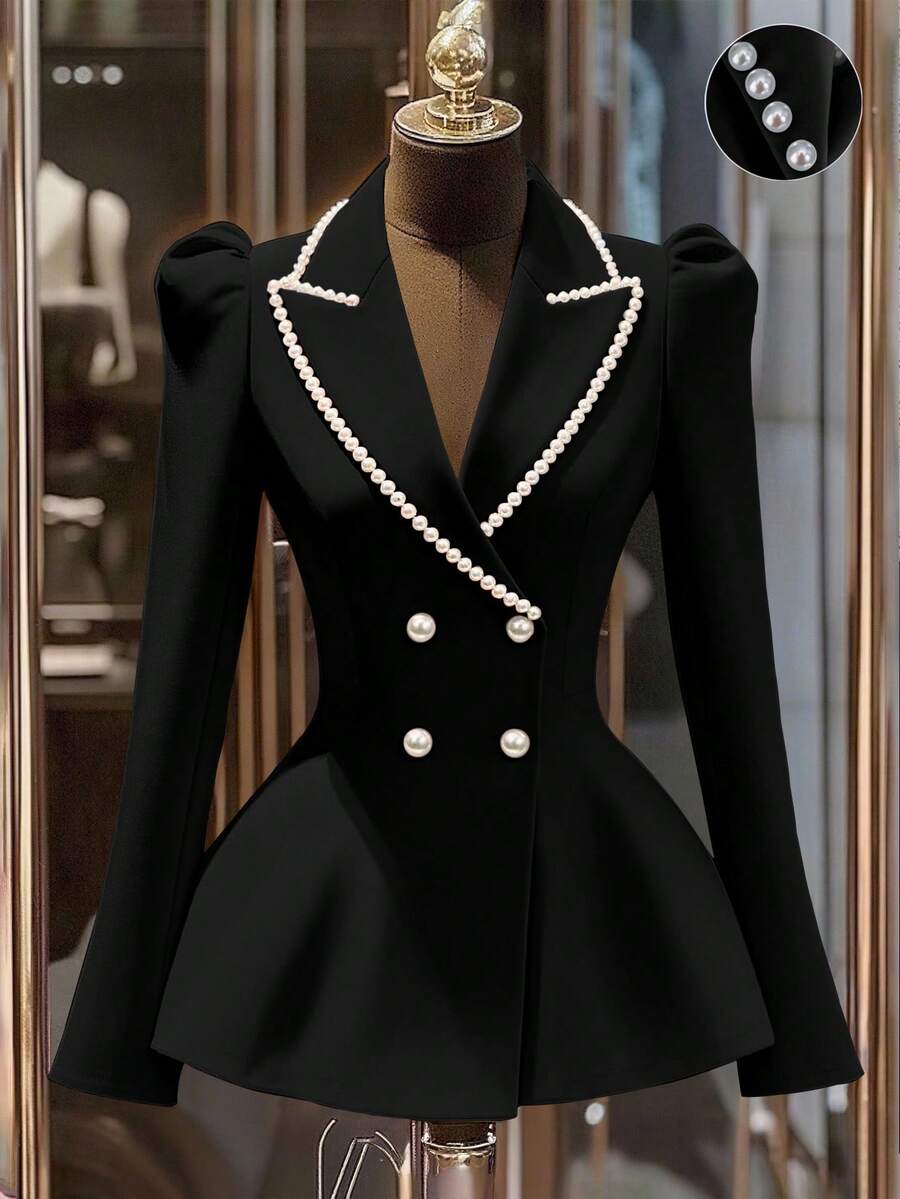 Franclia 优雅腰部串珠轻盈奢华粉色夹克，女式秋季薄款西装外套 - 黑色 - 查看 1