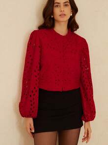 Aveloria Rosie 新款秋季法式休闲奢华刺绣镂空百褶前长袖衬衫 - 紅色 - 查看 4