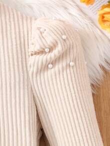 SHEIN Tween Girls Beaded Turtleneck Ribbed Puff Sleeve Knit Top & Pearl Bow PU Skort 2-Piece Set, Sweet Cool Fall Winter Outfit - Brown - View 9